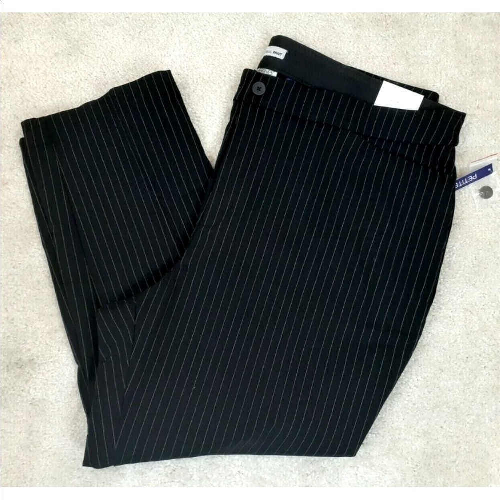 Catherines Womens 24WP Petite The Universal Pant Straight Leg Black Pinstripe